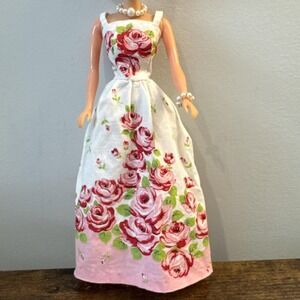 VTG 1960s Cut & Sew Roses‎ Barbie Gown Dress Mommy Made W Necklace & Bracelet